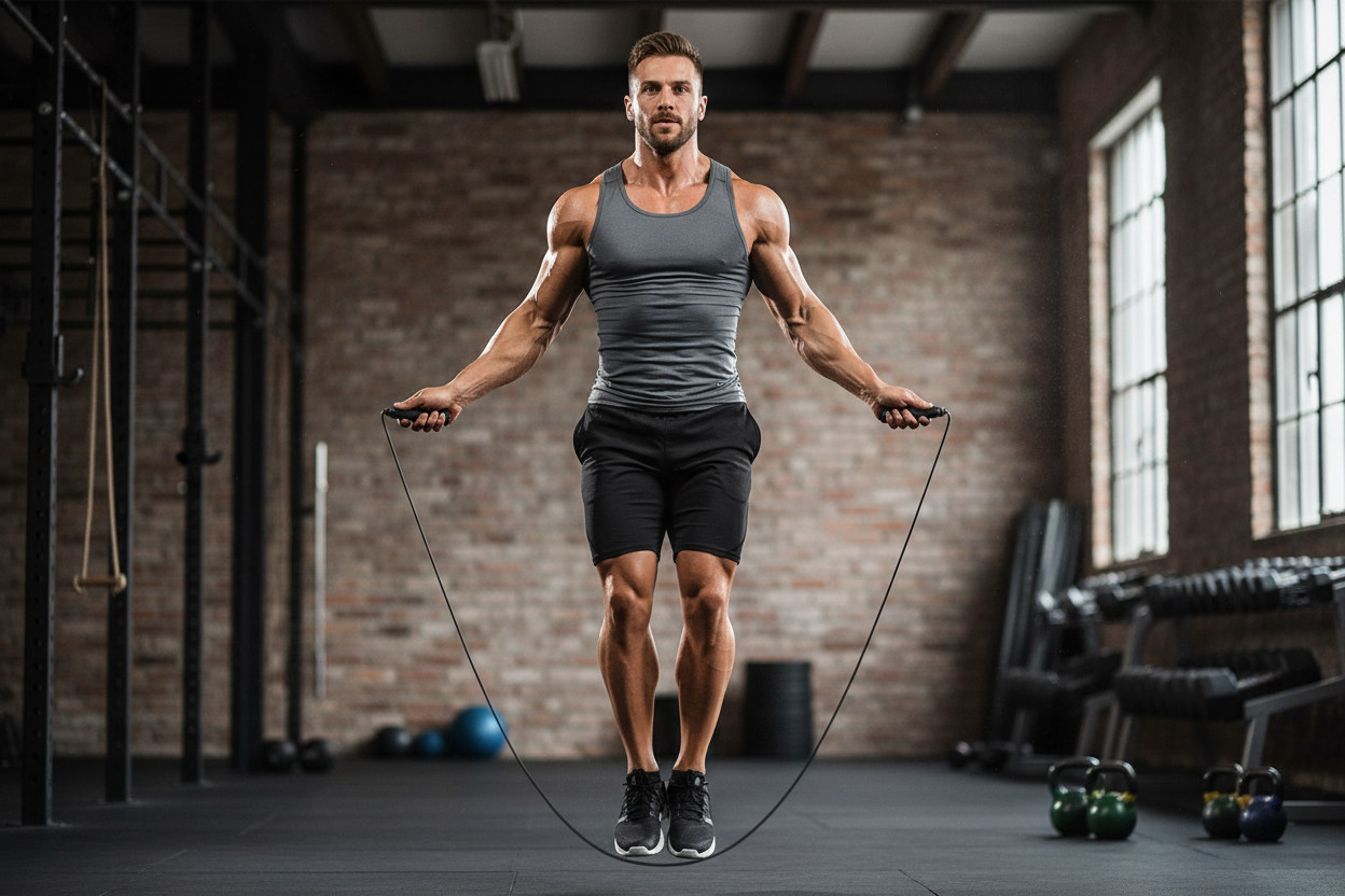 a strong man with jump rope fitness , size 1248 x 416